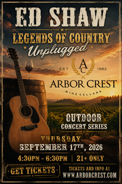 Vintage-style concert poster for Ed Shaw's Legends of Country Unplugged at Arbor Crest Wine Cellars Outdoor Concert Series in Spokane on September 17, 2026.